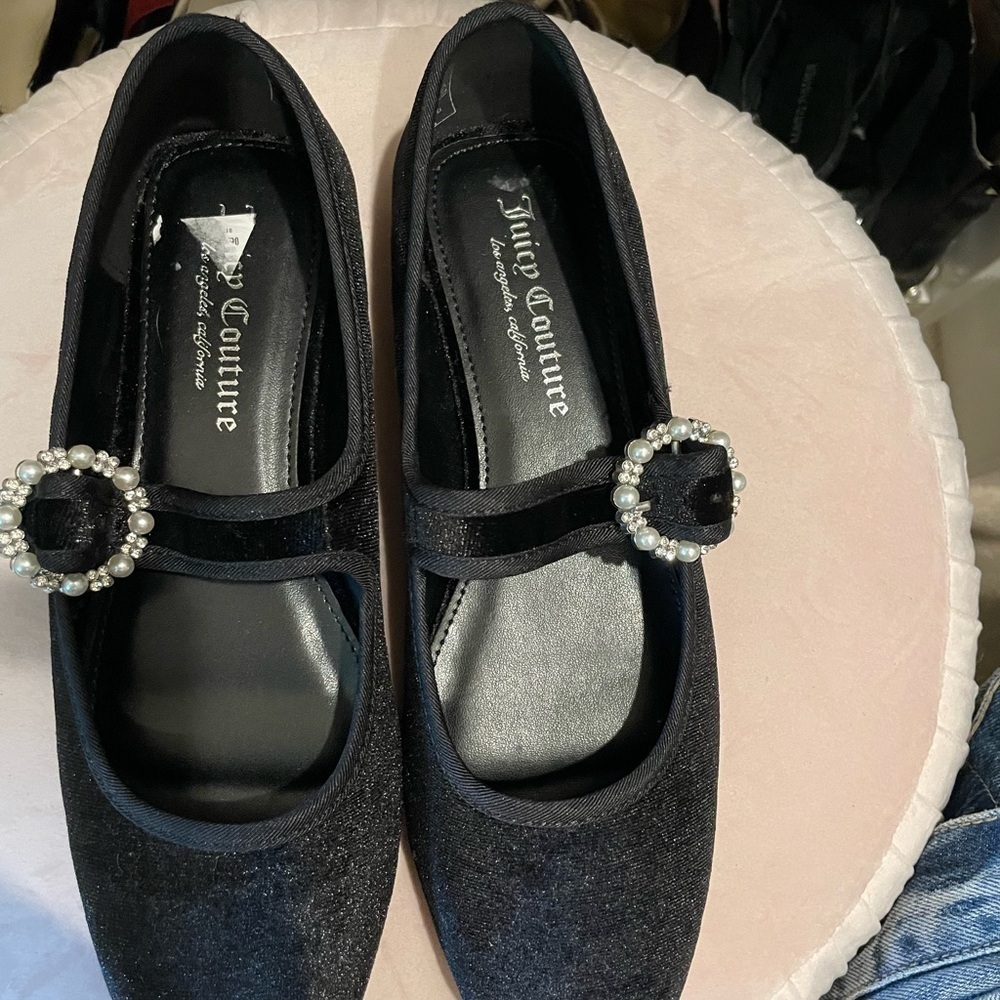 Juicy Couture Black Velvet Flats with Pearl Buckle Mary Jane